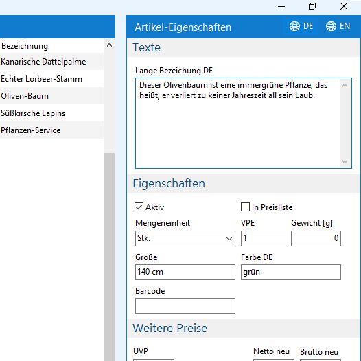 Artikel/Dienstleistungen verwalten