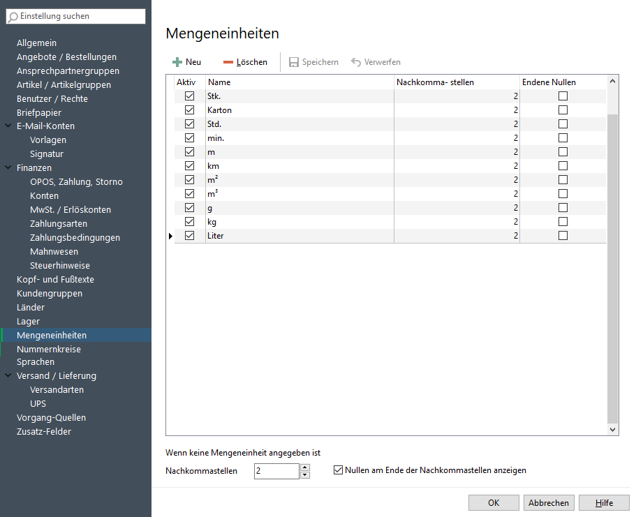 Prodaro Rechnungsbüro Einstellungen